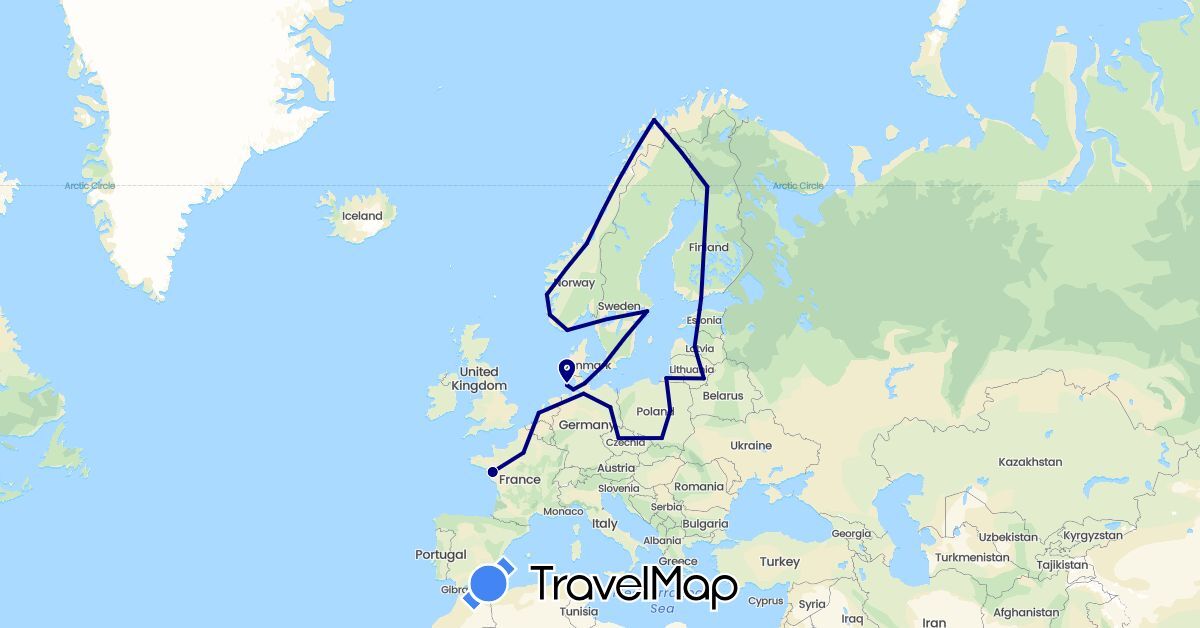 TravelMap itinerary: driving in Czech Republic, Germany, Denmark, Estonia, Finland, France, Lithuania, Latvia, Netherlands, Norway, Poland, Russia, Sweden (Europe)
